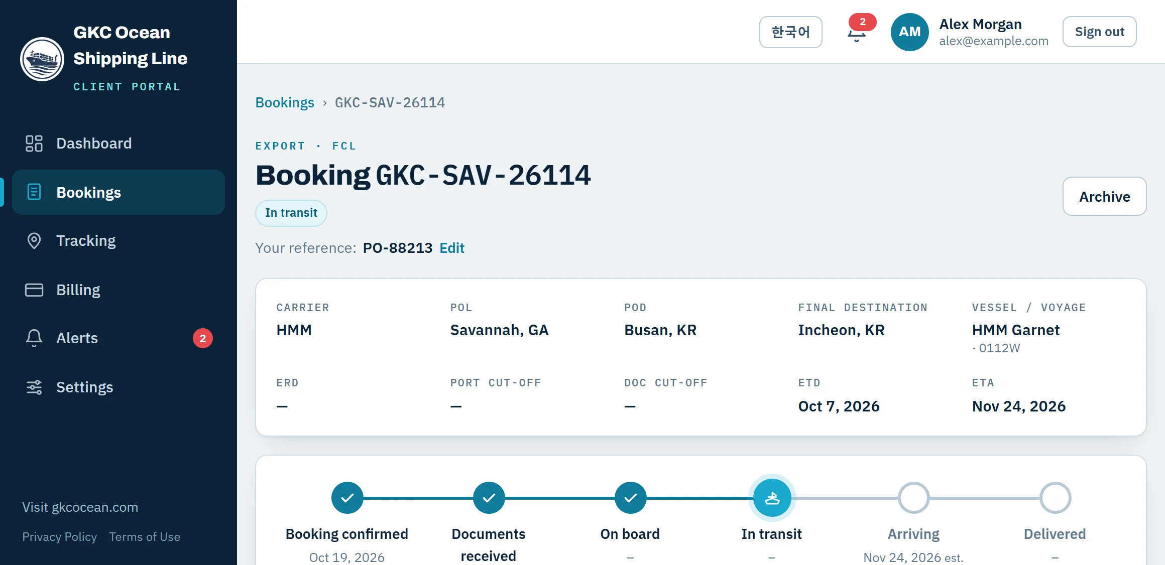 A booking in the GKC Ocean Shipping Line portal: HMM from Savannah to Busan, with a progress tracker showing it is in transit